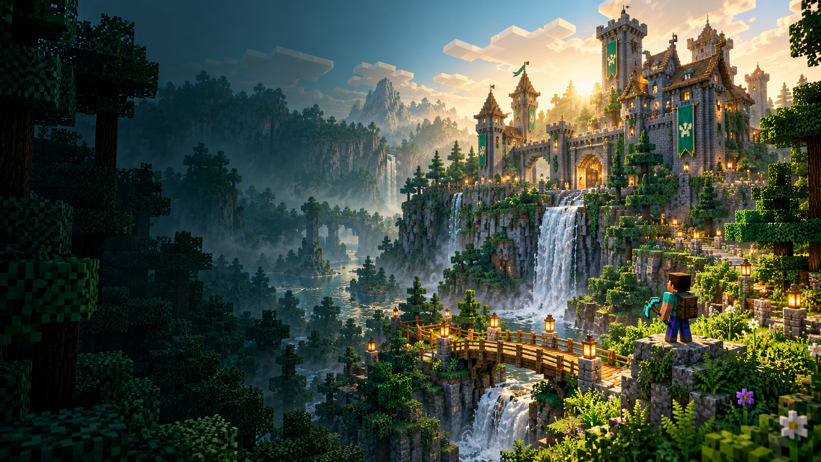 Ilustração de uma fortaleza de Minecraft com bandeiras verdes, cachoeira e um aventureiro com sua picareta